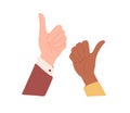 Diverse human hands with thumb up. Positive like and OK gesture, expressing satisfaction, agreement and approval. Good