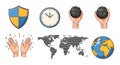 Diverse Icons on White Background: Shield, Clock, World, Hands, and Globe Royalty Free Stock Photo