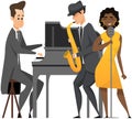 Diverse jazz band with black skin female singer. Group of musicians playing by musical instrument Royalty Free Stock Photo
