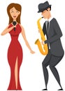 Diverse jazz duet with beautiful female singer sings song. Group of musicians playing by saxophone Royalty Free Stock Photo