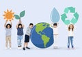 Diverse kids with environment icons