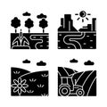 Diverse land types black glyph icons set on white space