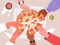 Diverse male and female hands taking triangle pizza slices from box on table. Top view of Italian fast food at corporate