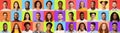 Diverse Males And Females Smiling Faces Over Colorful Backgrounds, Collage