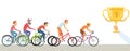 Diverse man competition. Men ride bicycles, hand hold trophy. Winners, male racers vector characters