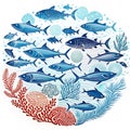 Diverse marine life in a circular underwater scene Royalty Free Stock Photo