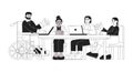 Diverse meeting work black and white cartoon flat illustration