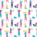 Diverse multinational womens with placards on protest or rally. Girl Power seamless pattern