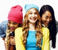 diverse nation girls group, teenage friends company cheerful hav