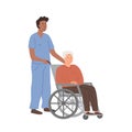 Diverse nurse or doctor taking care of elderly man on wheelchair. Nursing home concept. Assisted living. Residential