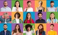 Diverse people community concept. Collage of multiracial human headshots over bright studio backgrounds