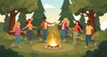 Diverse people dancing in a circle around a campfire in a forest Royalty Free Stock Photo