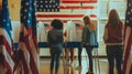 Diverse people engaged in voting at US election booths in a nicely decorated classroom