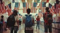 Diverse people engaged in voting at US election booths in a nicely decorated school gym