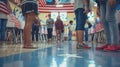 Diverse people engaged in voting at US election booths in a nicely decorated school gym