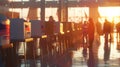 Diverse people engaged in voting at US election booths with sunlight streaming in