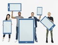 Diverse people holding tablet icons