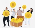 Diverse people investing in bitcoin cryptocurrency electronic cash