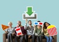 Group of diverse friends and movie download concept