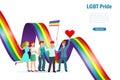 Diverse people parade with LGBT rainbow flag celebrate LGBTQ pride month holding flag and heart sign. To support transgender