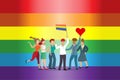 Diverse people parade with LGBT rainbow flag celebrate LGBTQ pride month holding flag and heart sign. To support transgender