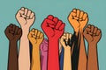 Diverse people raise fists in protest against social injustice