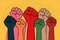 Diverse people raise fists in protest against social injustice