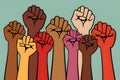Diverse people raise fists in protest against social injustice