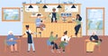 Diverse people relaxing in modern coffee shop or cafe, cozy interior, flat vector illustration.