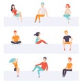 Diverse people sitting on different positions set, young faceless guys and girls in casual clothes sitting down vector