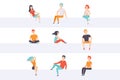 Diverse people sitting on different positions set, young faceless guys and girls in casual clothes sitting down vector