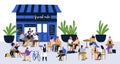 Diverse people visitors sitting at street cafe vector flat illustration. Relaxed cartoon characters at outdoor cafeteria