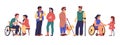 Diverse people. Workers equal. Disabled men and women group. Office characters with wheelchairs and crutches Royalty Free Stock Photo