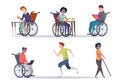 Diverse persons. Daily routine of people multinational characters on wheelchair exact vector people with prothesis