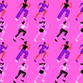 Diverse pink women group running seamless pattern