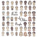 Set of fifty hand drawn faces of diverse older people 50+ Royalty Free Stock Photo