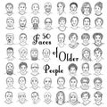 Set of fifty hand drawn faces of diverse older people 50+ Royalty Free Stock Photo