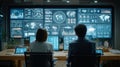 Diverse professionals analyzing data on multiple monitors in modern control room Royalty Free Stock Photo