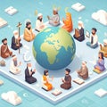 Diverse religious people praying together with a globe. AI Generated Royalty Free Stock Photo