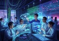 Diverse team of scientists analyzing advanced data in a futuristic control room with holographic interfaces Royalty Free Stock Photo