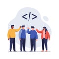 Diverse software developers celebrating team success with coding symbol vector illustration