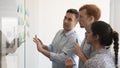 Diverse specialist working together in boardroom using post-it notes