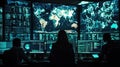 Diverse team analyzing global data in high-tech control room with multiple monitors and world maps