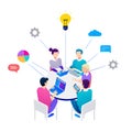 Diverse team collaborates around a table, brainstorming ideas with technology and data visualization Royalty Free Stock Photo