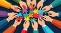Diverse team collaborates on jigsaw puzzle representing business solutions. Hands hold colorful puzzle pieces. Teamwork strategy,