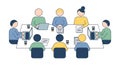 Diverse team collaborates in a modern meeting room, engaging in discussion around a table with laptops and documents Royalty Free Stock Photo