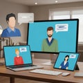 Diverse team collaborates remotely across multiple devices including laptop tablet and desktop screens Royalty Free Stock Photo