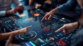 Diverse team of data analysts and business professionals around interactive touchscreen table with AI-generated insights