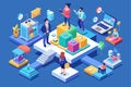 A diverse team engages in competitive intelligence activities using customizable tools in a vibrant, isometric collaborative Royalty Free Stock Photo