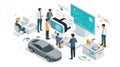 Automotive Engineering Team Collaborating on Future Car Design Using VR Technology White Background Isometric Style Royalty Free Stock Photo